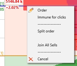 Right-clicking a Sell order opens a menu with five options
